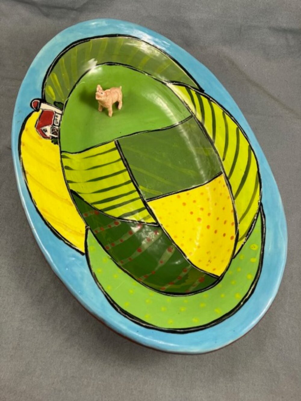 Ceramic Pig in Corn Field Serving Platter 15" long Handmade One of a kind!